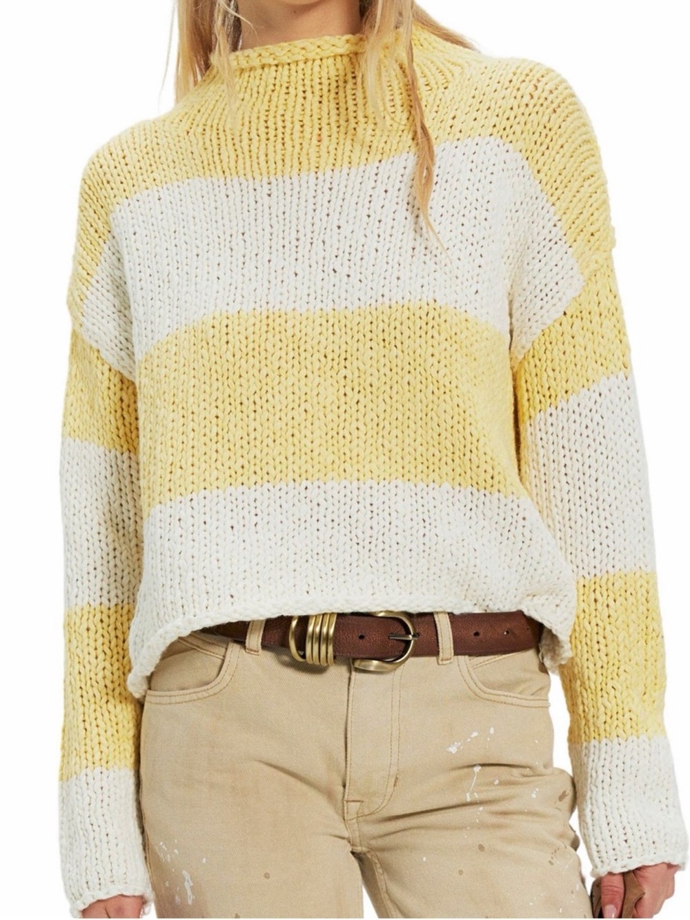 Free People Yellow & White Striped Cropped Knit Turtleneck Sweater